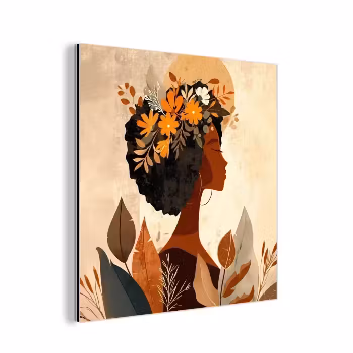 Aluminium schilderij - Vrouw - Krullen - Bloemen - Beige