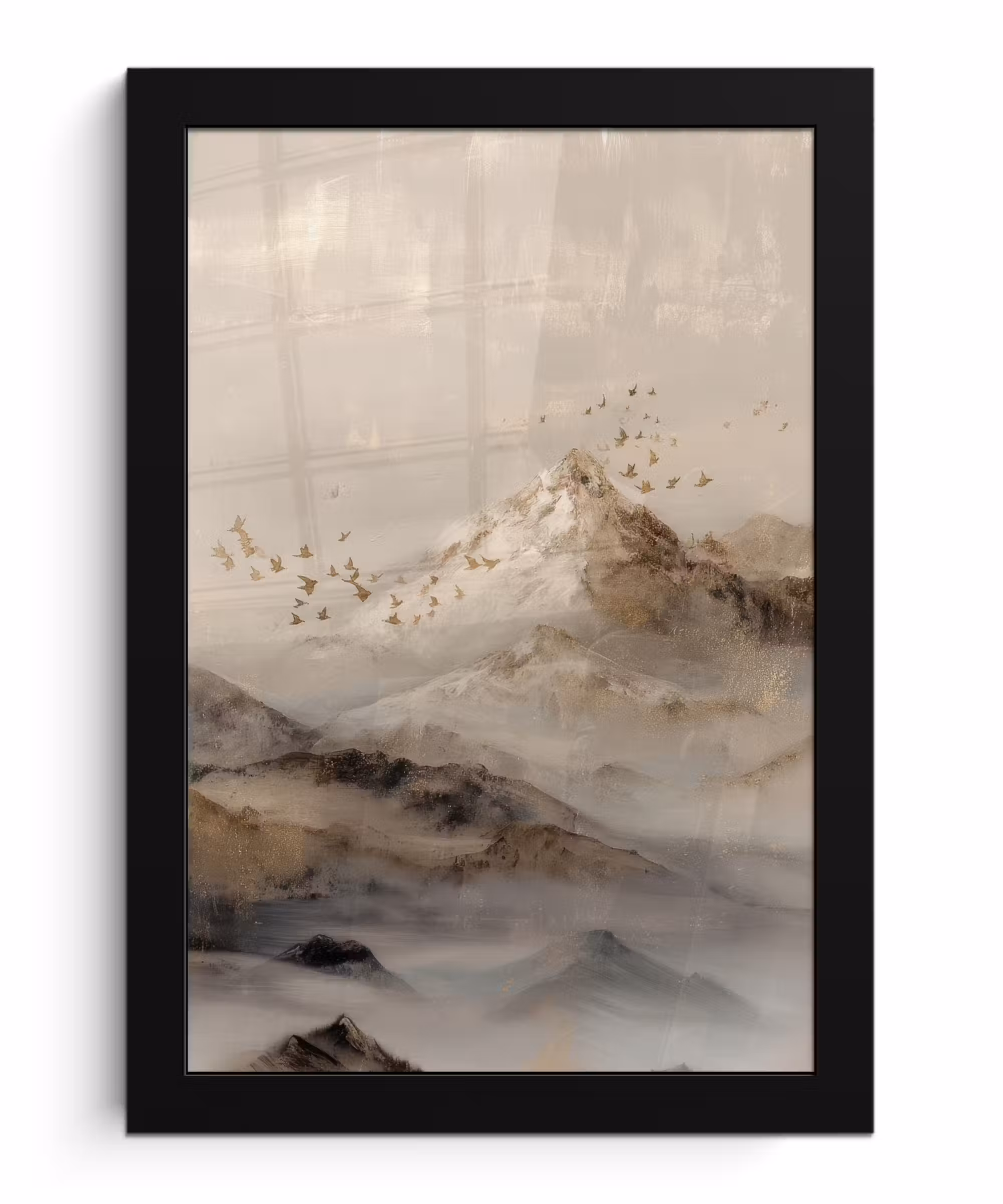 Poster met lijst - Berglandschap - Mist  - Penseelstreken