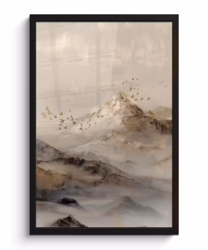 Poster met lijst - Berglandschap - Mist  - Penseelstreken