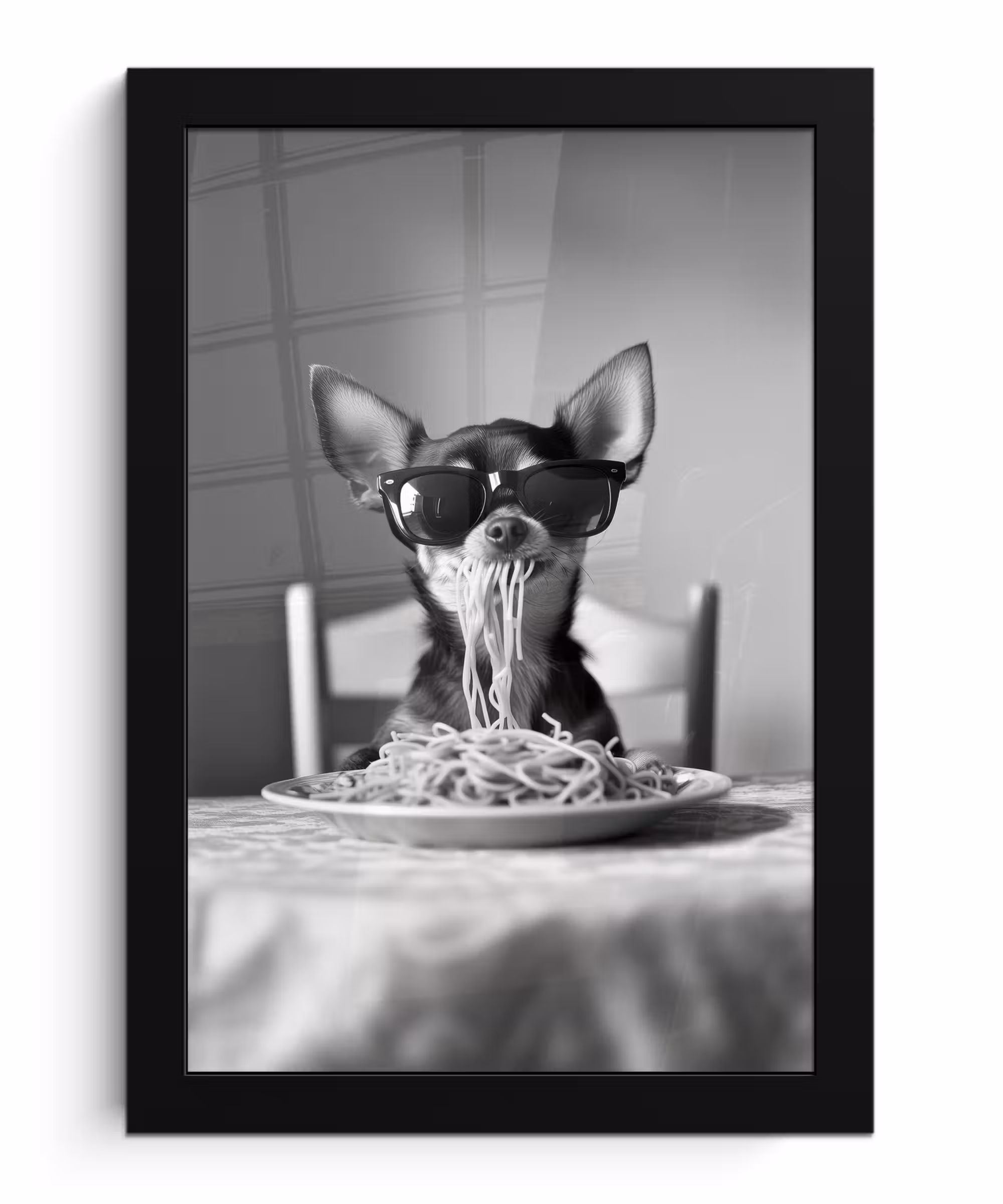 Poster met lijst - Chihuahua - Hond - Zonnebril - Humoristisch - Zwart - Wit - Spaghetti