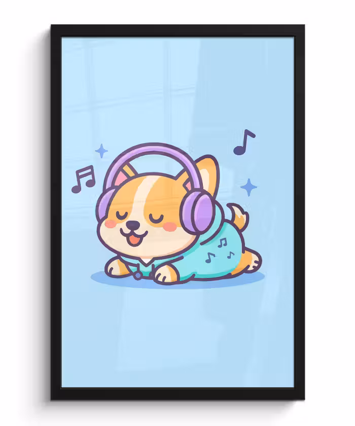 Poster met lijst - Corgi - Koptelefoon - Blauw - Muzieknoten