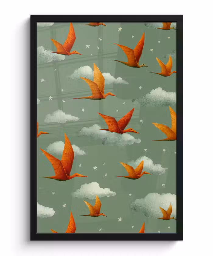 Poster met lijst - Dinosaurussen - Wolken - Sterren - Oranje