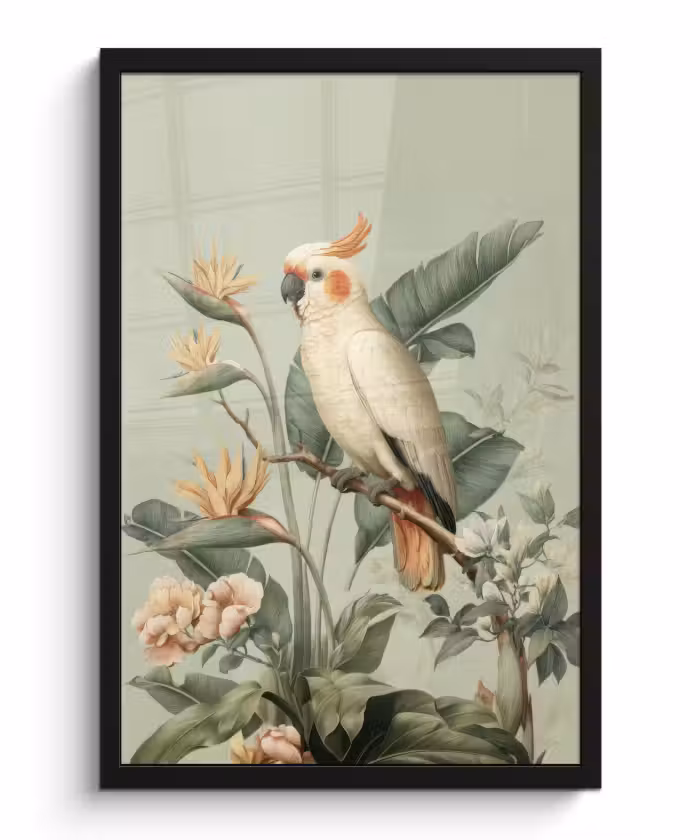 Poster met lijst - Gele kuifkaketoe - paradijsvogelbloemen - Groen
