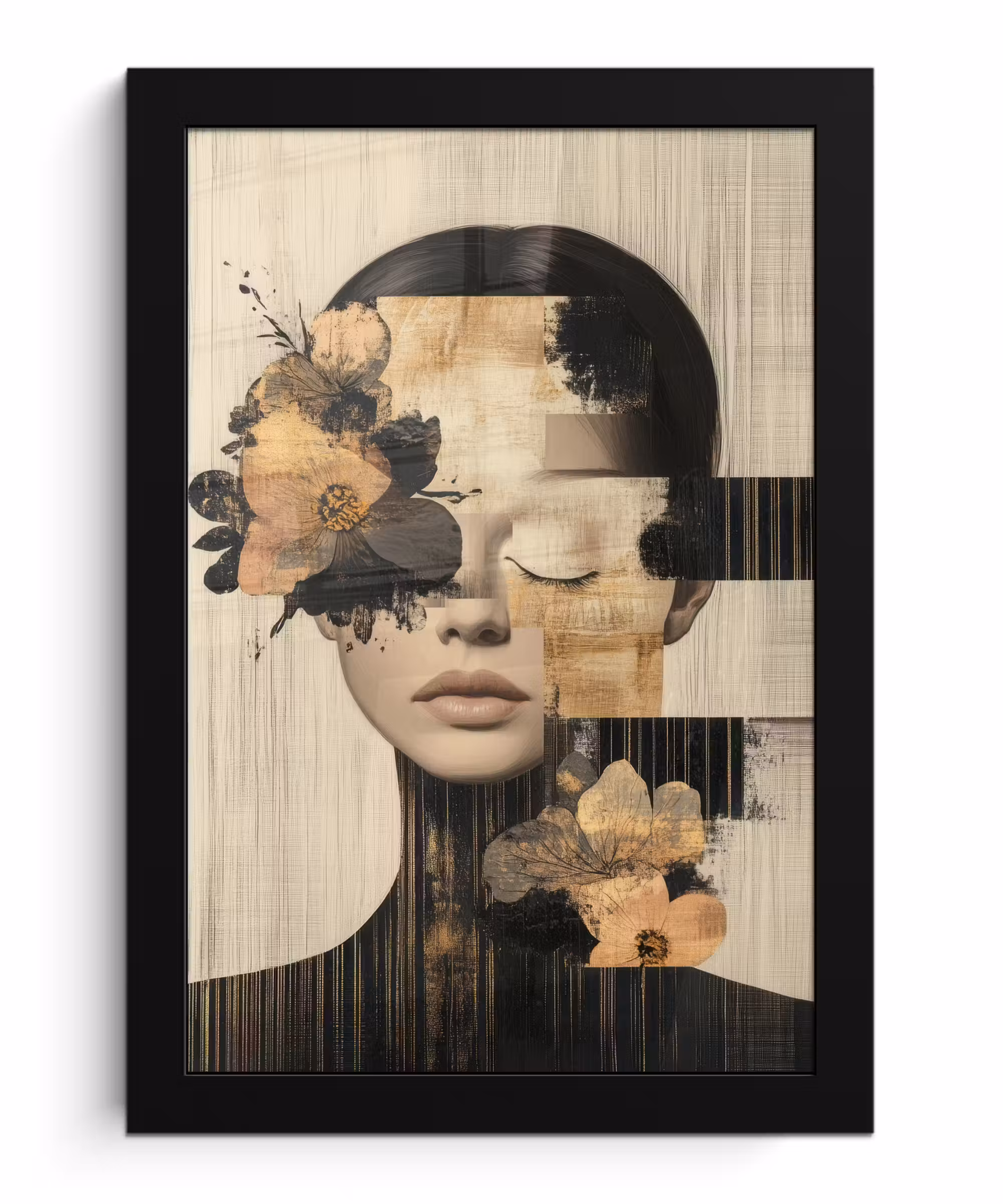 Poster met lijst - Gezicht - Bloemen - Zwart - Vrouw