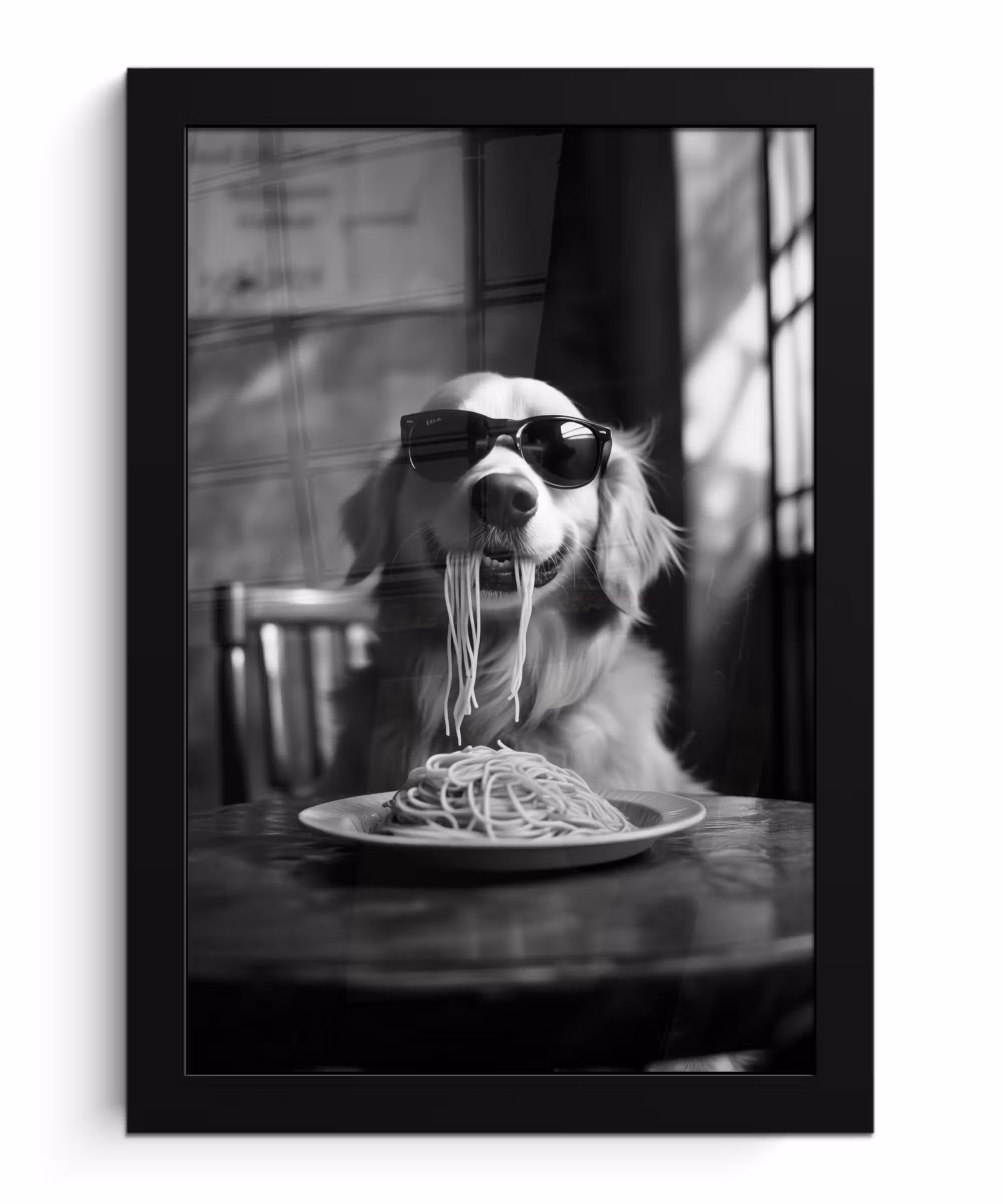 Poster met lijst - Golden Retriever - Hond - Vrolijk - Bord spaghetti - Zwart - wit