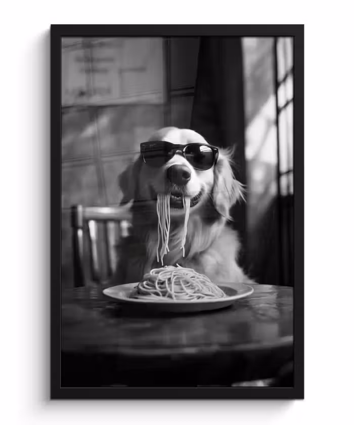 Poster met lijst - Golden Retriever - Hond - Vrolijk -  Bord spaghetti - Zwart - wit
