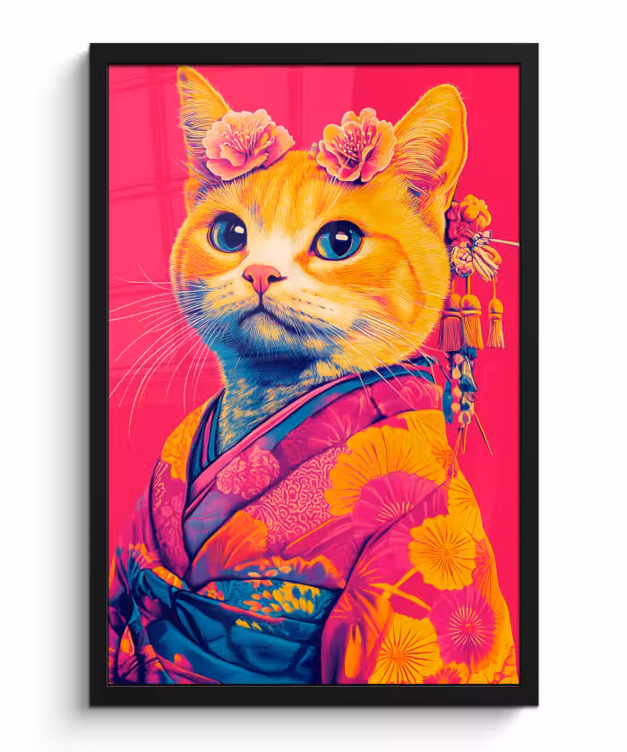 Poster met lijst - Kat - Kimono - Bloemen - Roze
