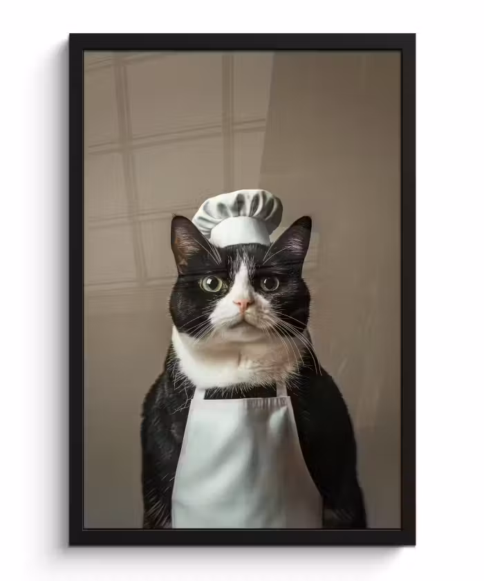 Poster met lijst - Kat - Kokskleding - Zwart - Wit