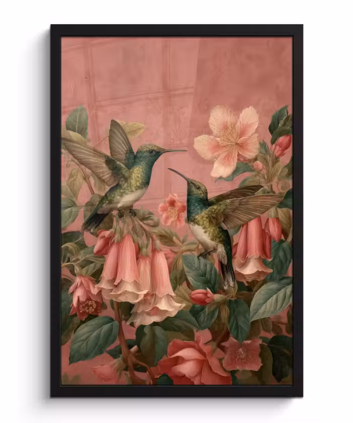Poster met lijst - Kolibries - Bloemen - Groen - Roze