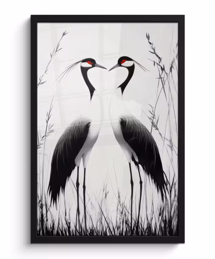 Poster met lijst - Kraanvogels - Gras - Hartvorm - Zwart