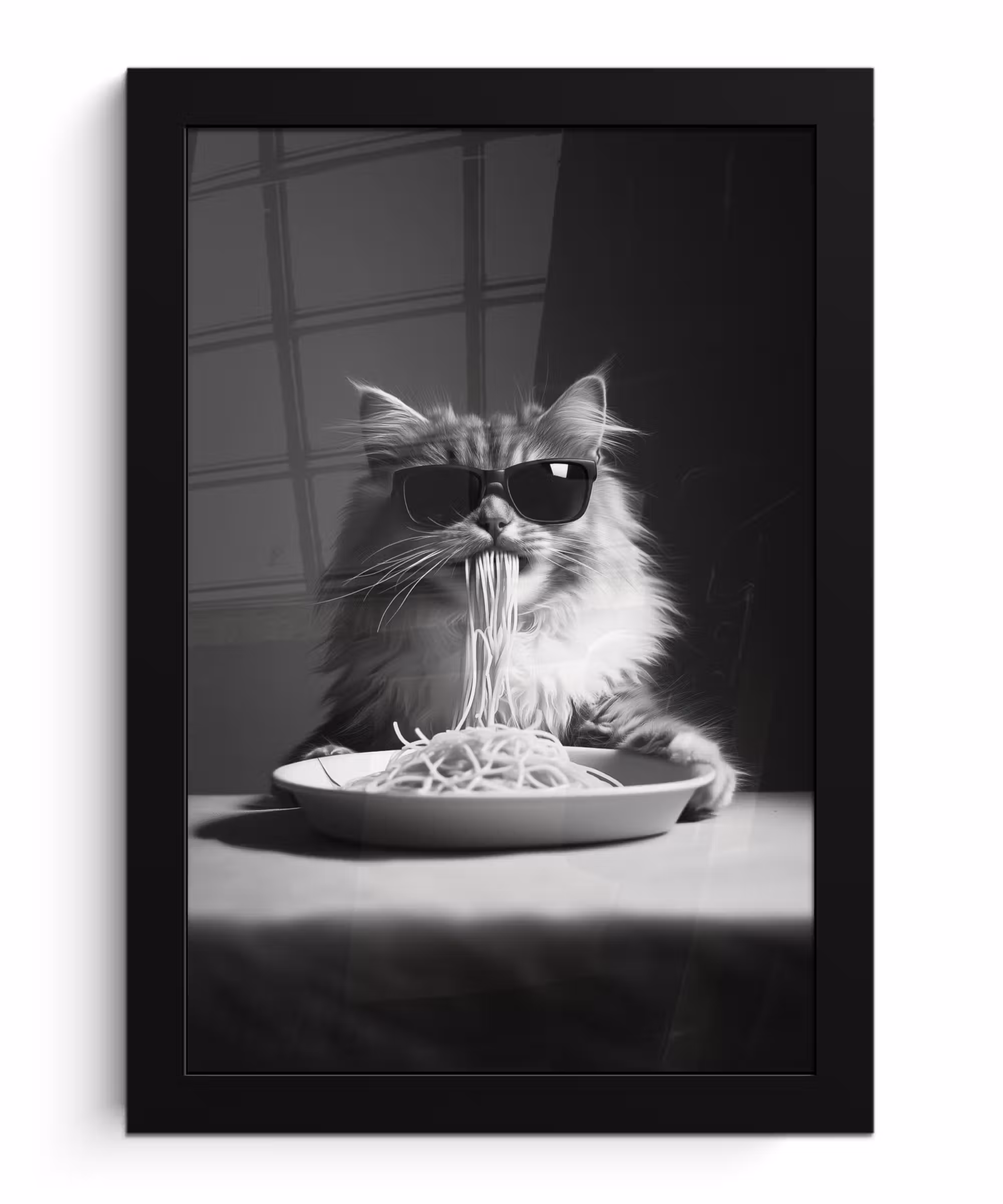 Poster met lijst - Langharige kat - Zonnebril - Spaghetti - Humor - Zwart - wit