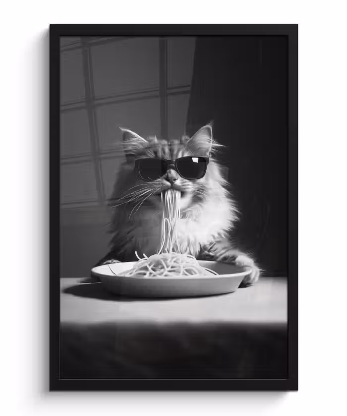 Poster met lijst - Langharige kat - Zonnebril - Spaghetti - Humor - Zwart - wit