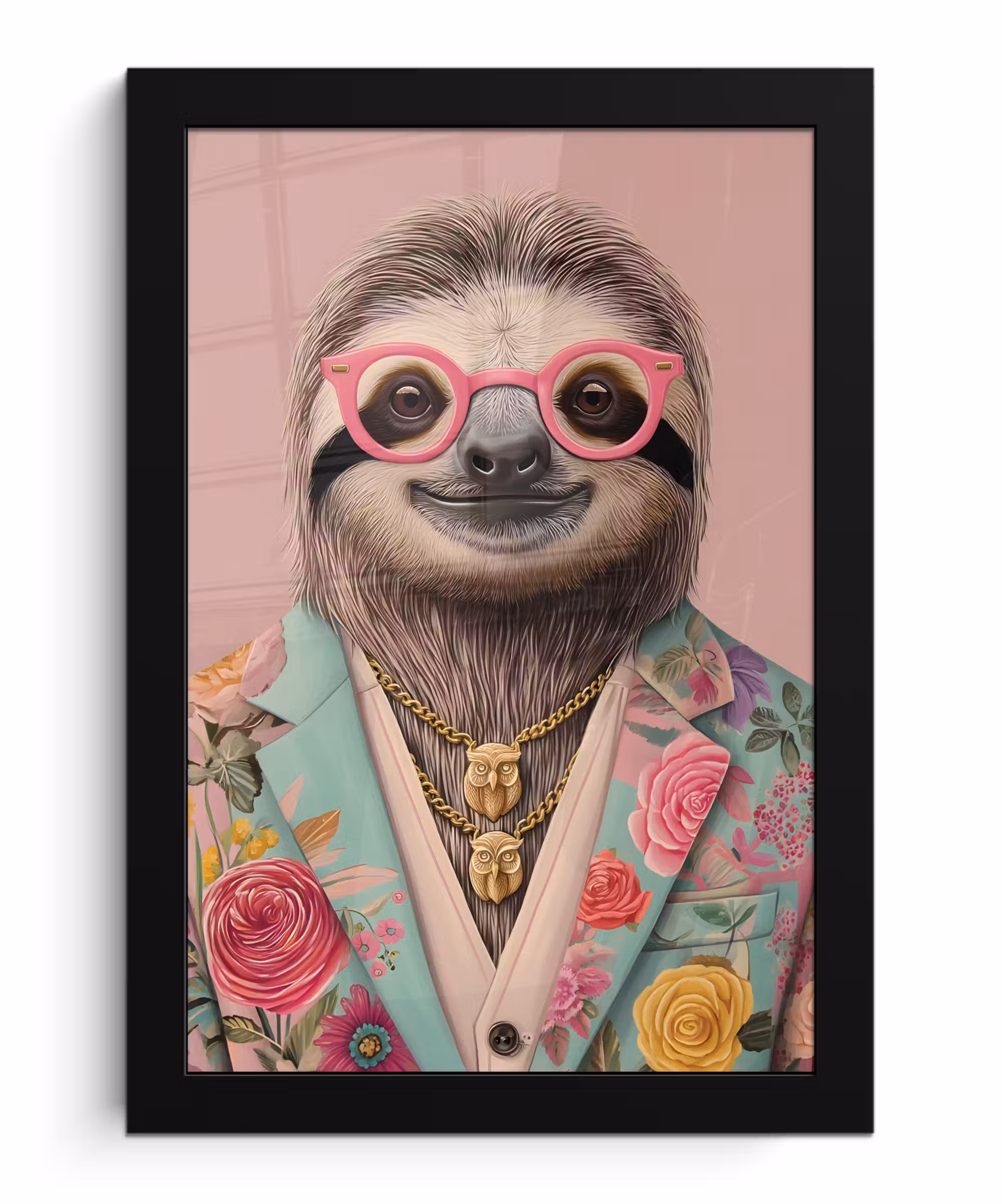 Poster met lijst - Luiaard - Bloemenprint - Bril - Roze