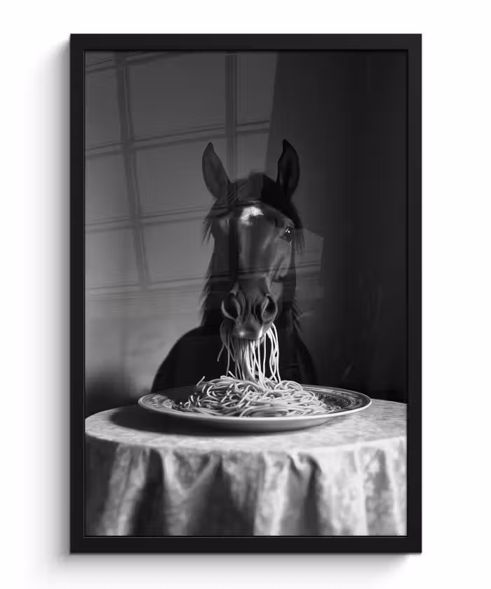 Poster met lijst - Paard - Bord - Pasta - Tafelkleed - Zwart Wit - Dieren