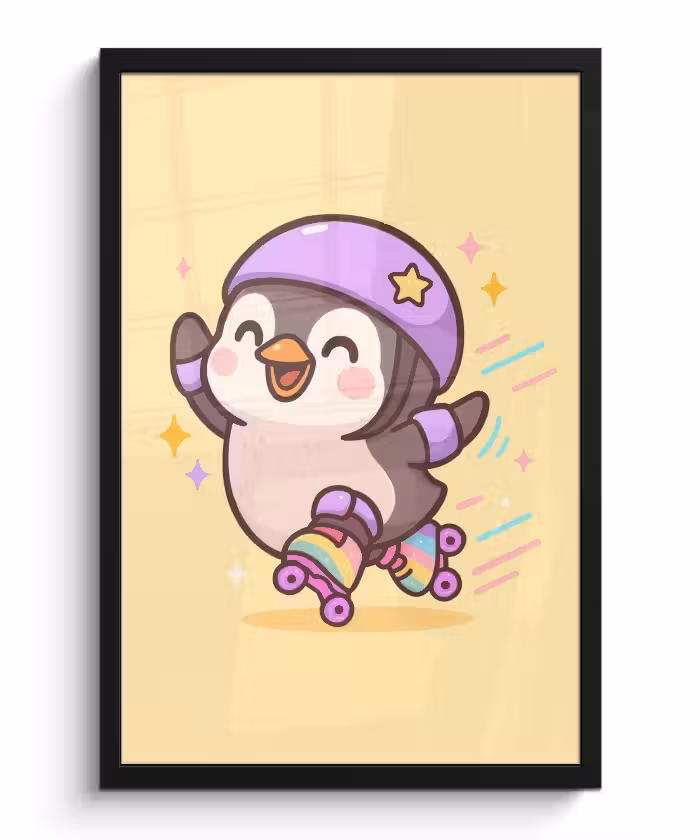 Poster met lijst - Pinguïn - Rolschaatsen - Geel - Energiek