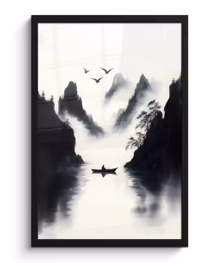 Poster met lijst - Roeiboot - Mistig - Bergen - Vogels