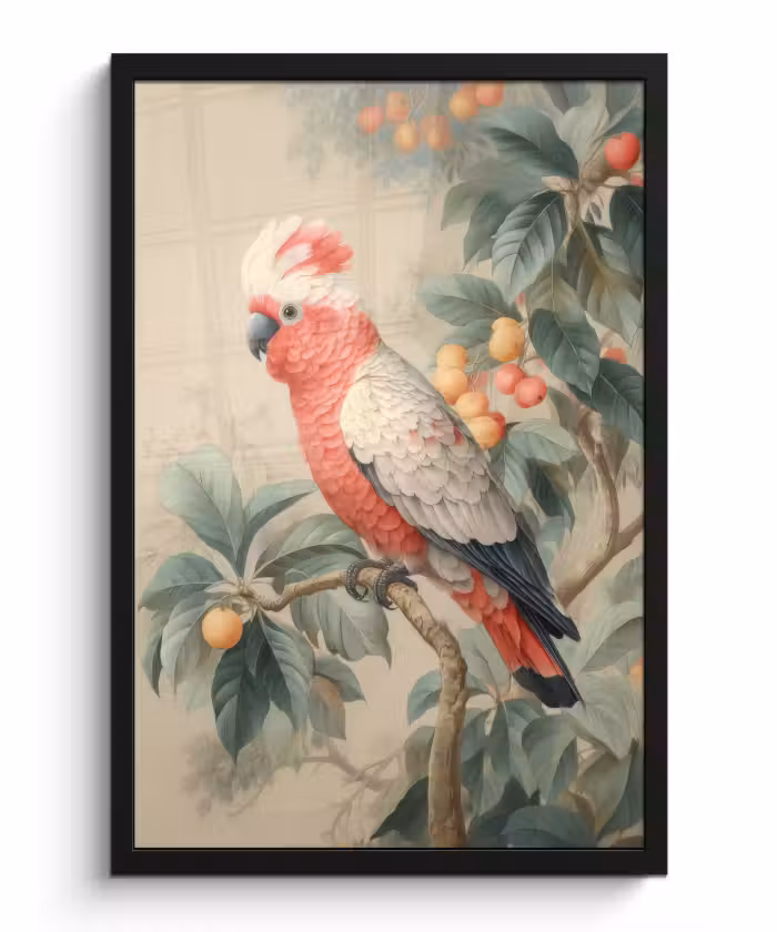 Poster met lijst - Roze kuifkaketoe - Tak met vruchten - Bladeren
