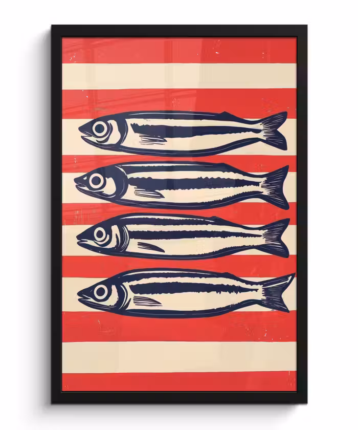 Poster met lijst - Sardines - Rood en beige strepen