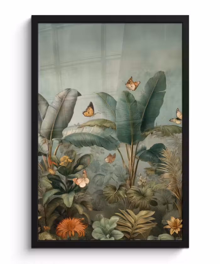 Poster met lijst - Tropisch bladerdek - Vlinders - groen - Bruin