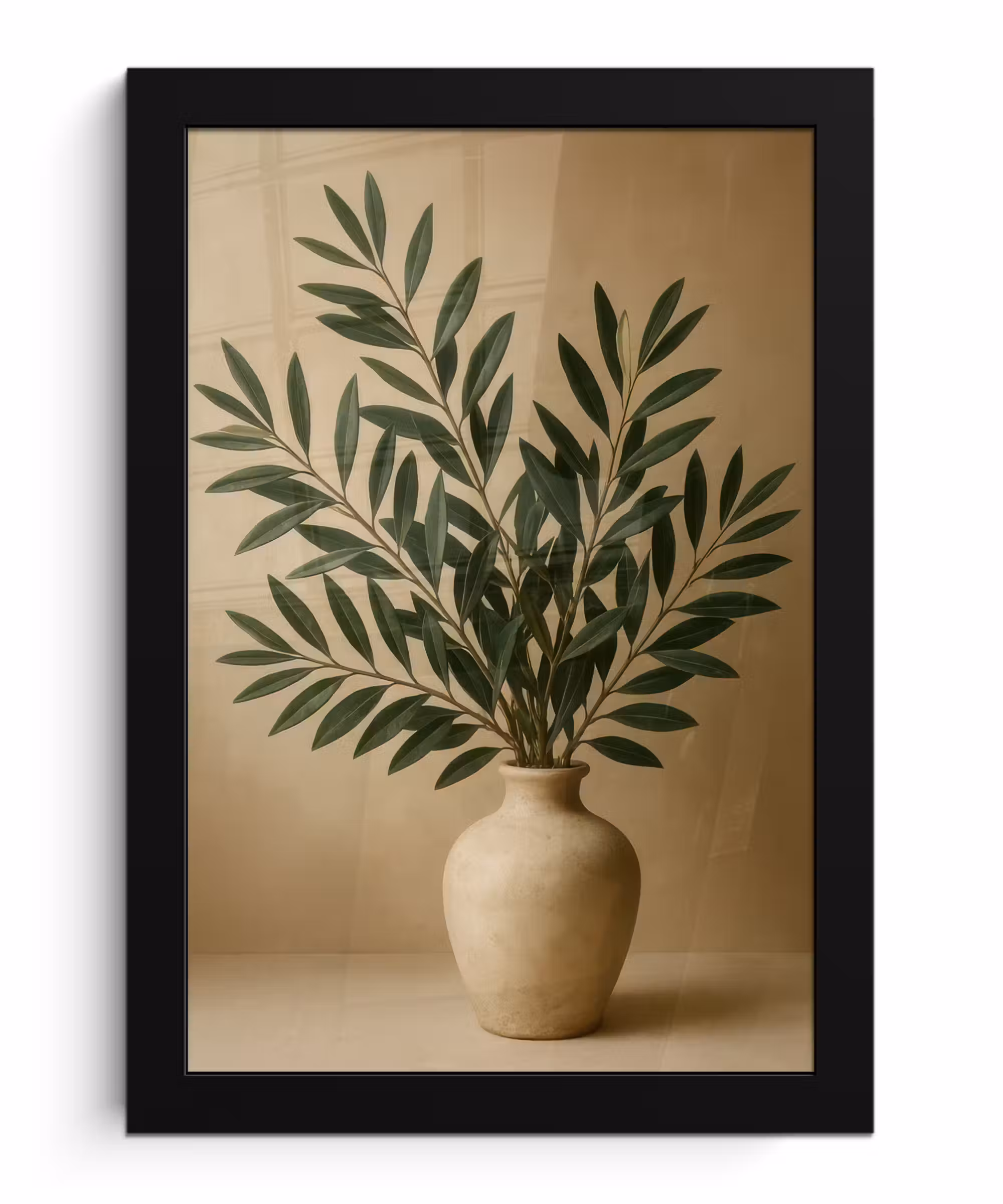 Poster met lijst - Vaas - Olijftakken - Bladeren - Beige