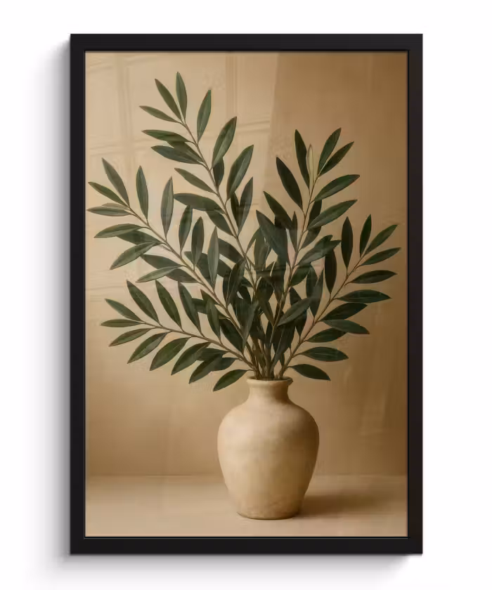 Poster met lijst - Vaas - Olijftakken - Bladeren - Beige