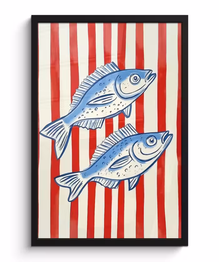 Poster met lijst - Vissen - Verticale strepen - Blauw - Rood