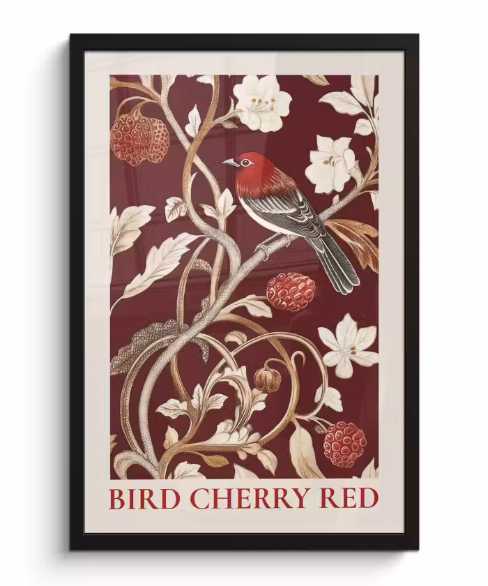 Poster met lijst - Vogel - Bordeaux - Bloemen - Bessen