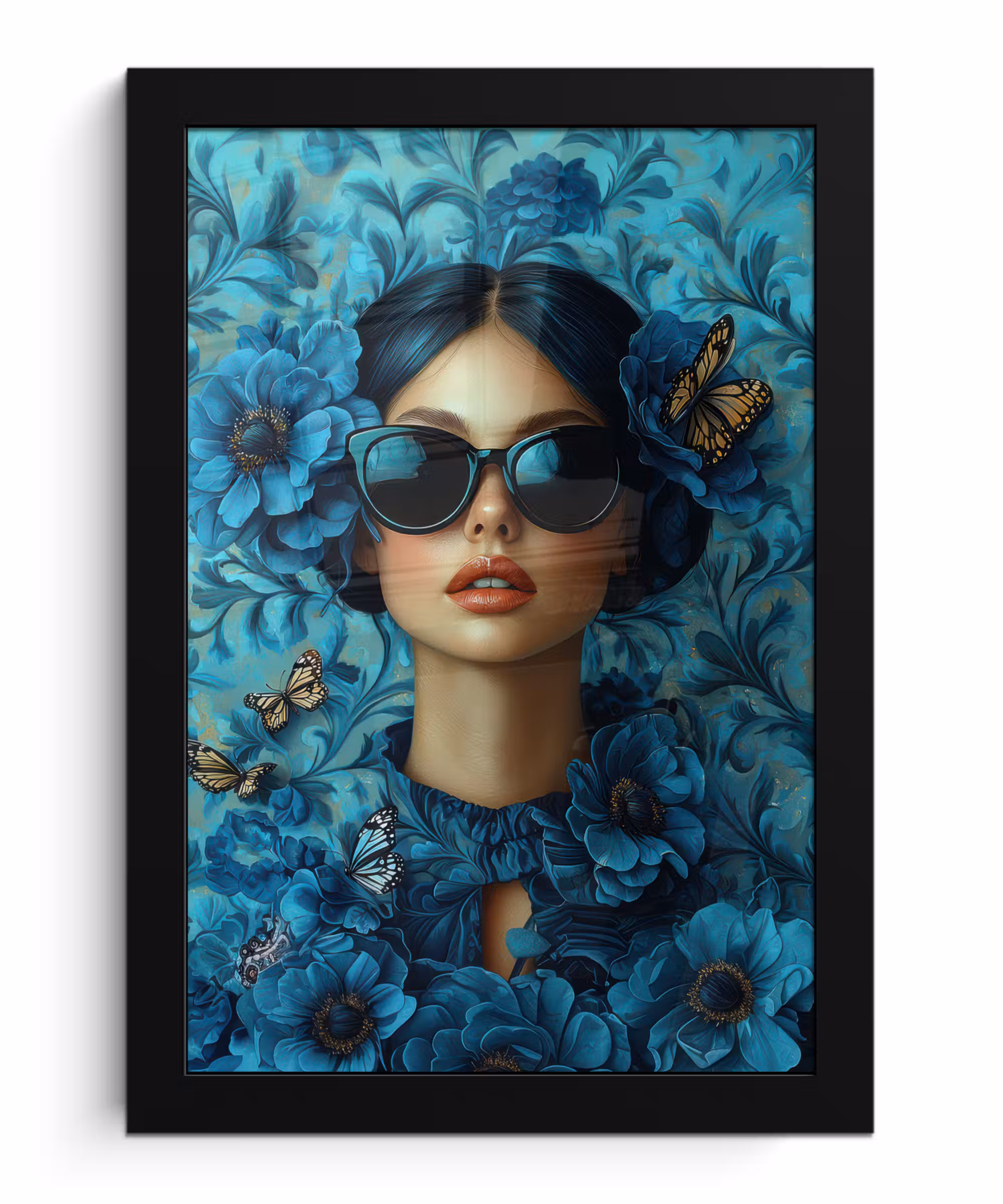 Poster met lijst - Vrouw - Bloemen - Vlinders - Blauw - Abstract