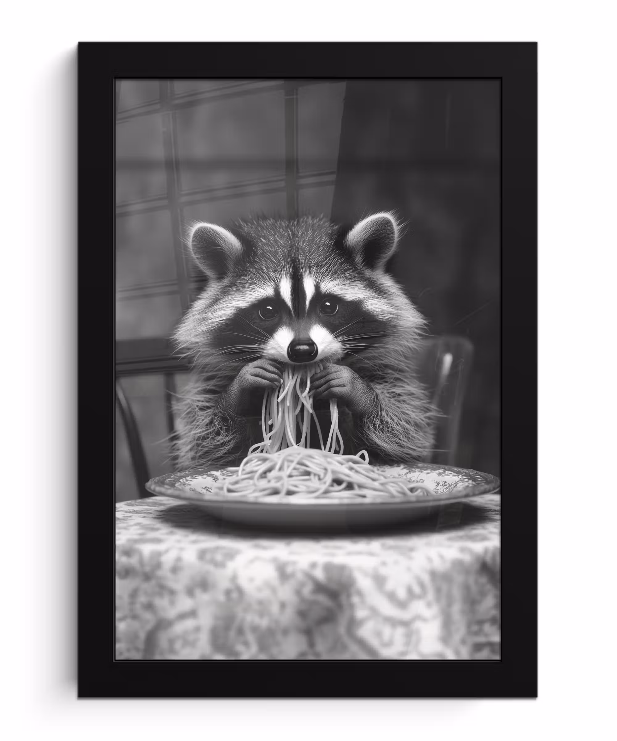 Poster met lijst - Wasbeer - Cute - Pasta - Tafelkleed - Zwart - Wit