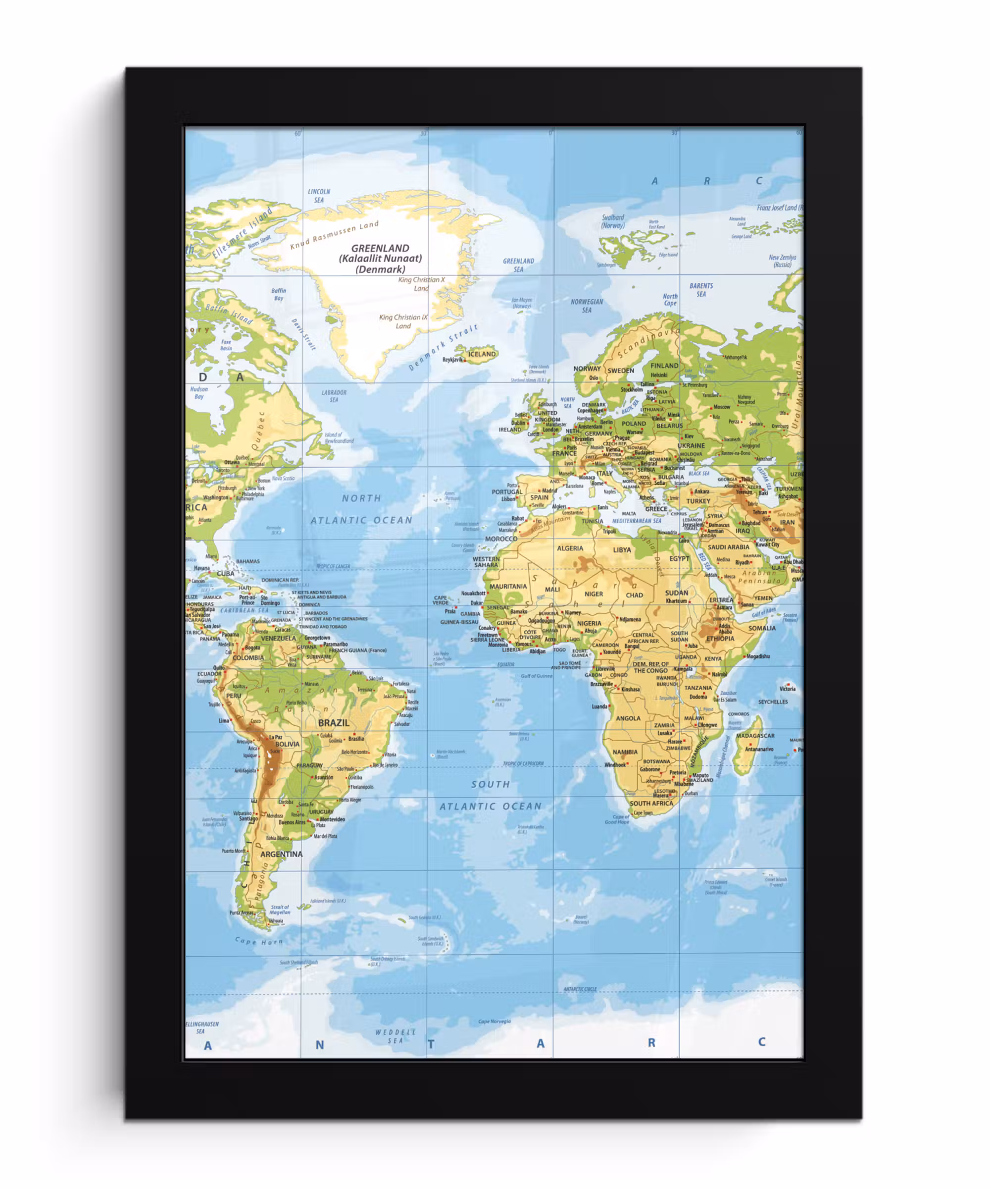 Poster met lijst - Wereldkaart - Staatkundig - Blauw - Aarde - Educatief