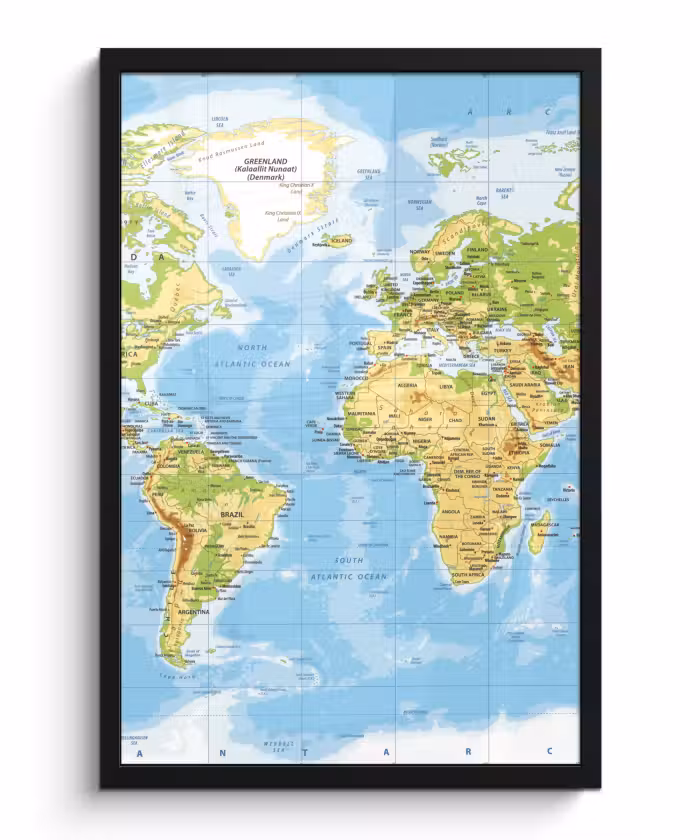 Poster met lijst - Wereldkaart - Staatkundig - Blauw - Aarde - Educatief
