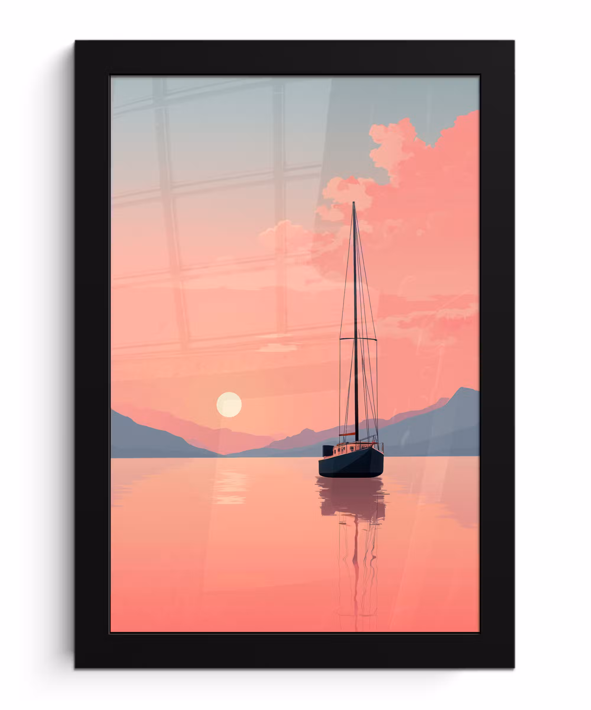 Poster met lijst - Zeilboot - Roze zee - Zonsondergang - Bergen