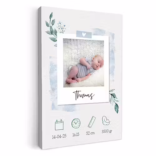 Geboorteposter foto blauw op canvas