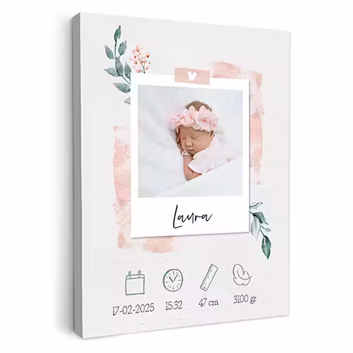 Geboorteposter foto roze op canvas