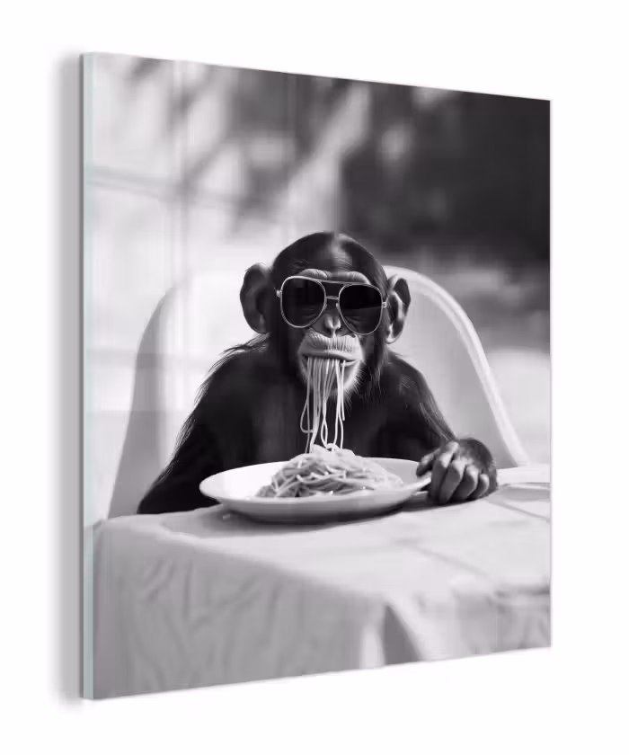 Glas schilderij - Aap - Spaghetti - Zonnebril - Zwart wit - Cool - Dier