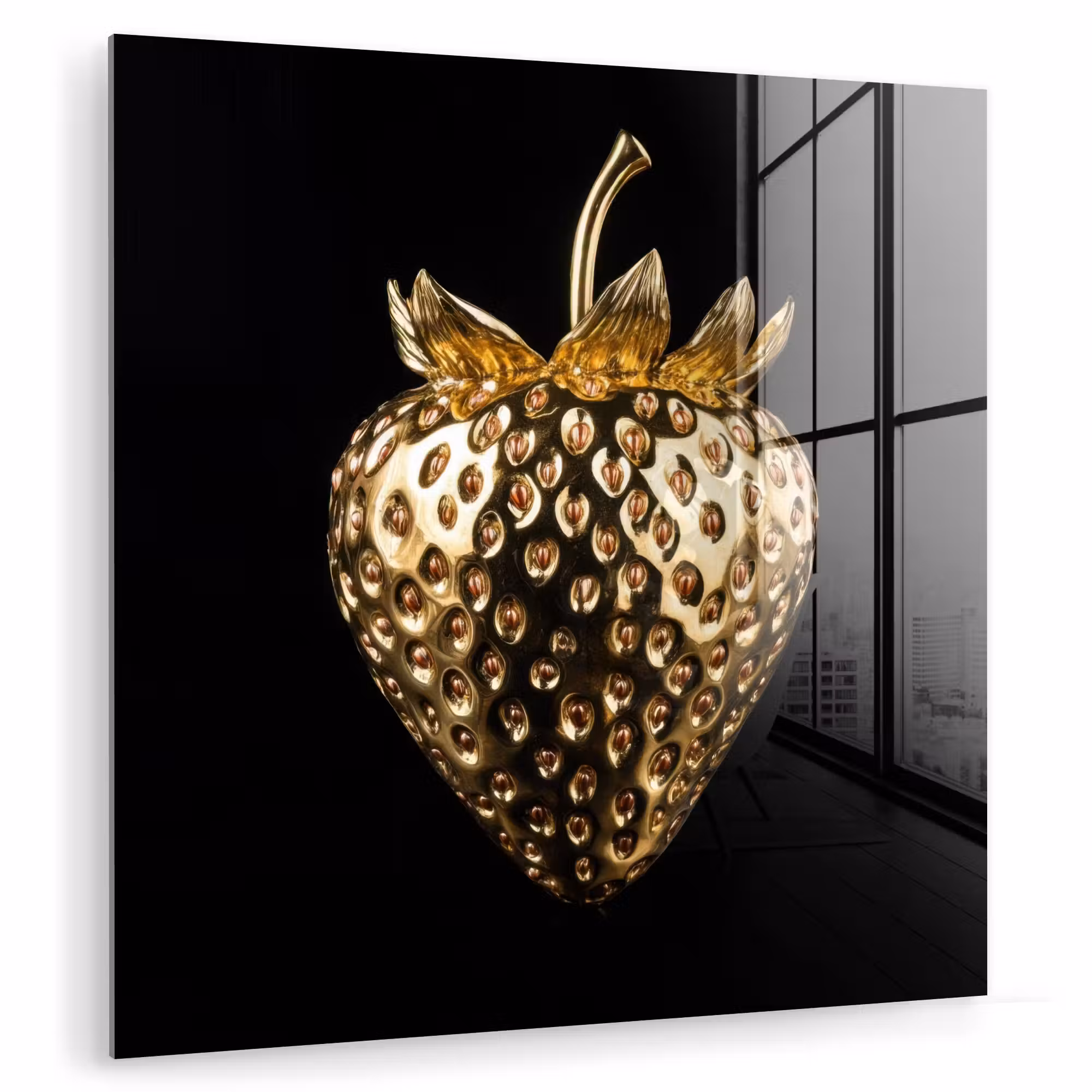 Glas schilderij - Aardbei - Goud - Zwart - Chrome