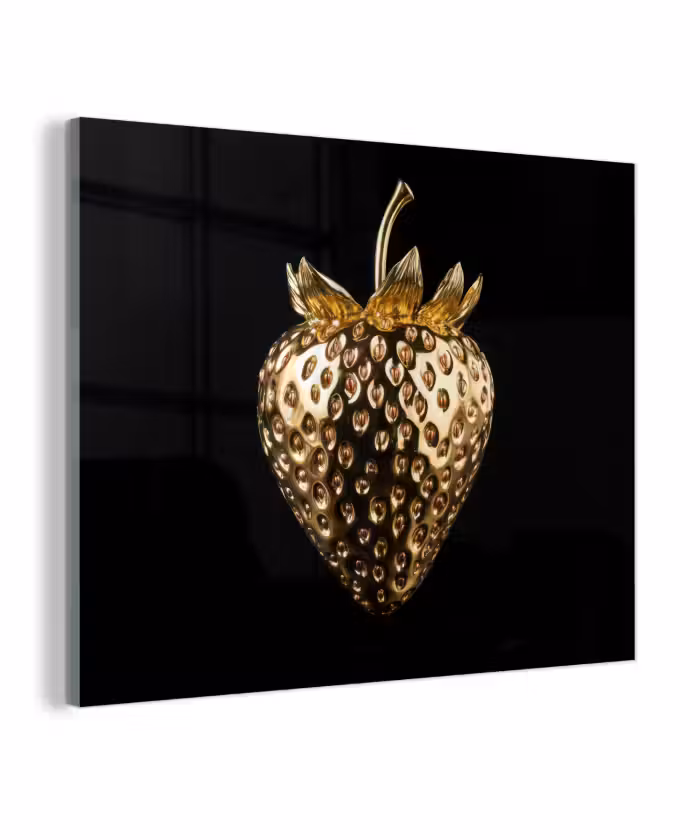 Glas schilderij - Aardbei - Goud - Zwart - Chrome