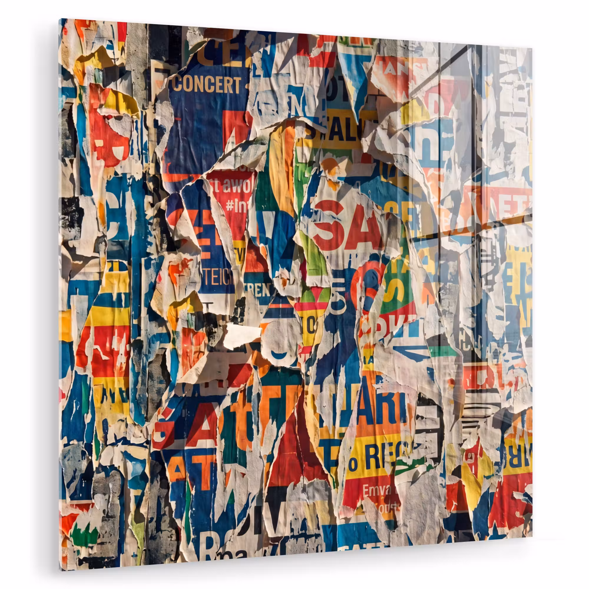 Glas schilderij - Abstract - Gelaagd papier - Urban - Modern - Kleurrijk