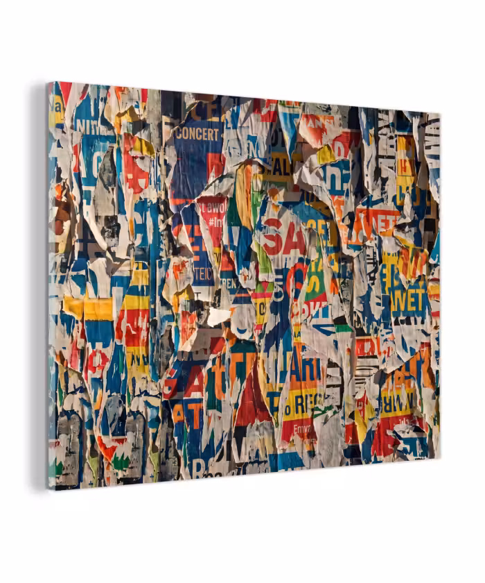 Glas schilderij - Abstract - Gelaagd papier - Urban - Modern - Kleurrijk