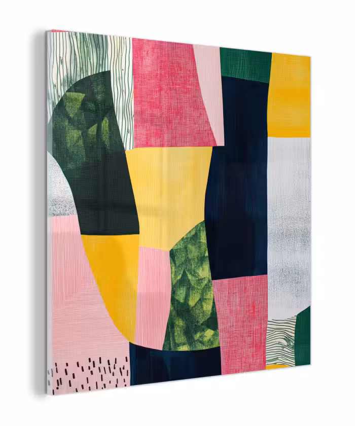 Glas schilderij - Abstract - Roze - Lappen - Vormen - Geel