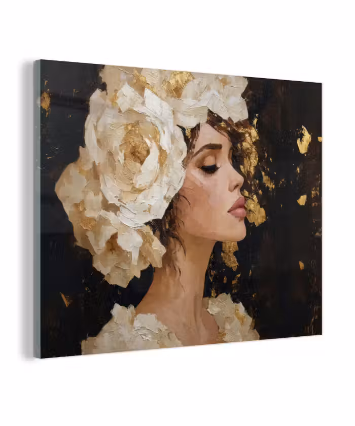 Glas schilderij - Abstract - Vrouw - Bloemen - Wit