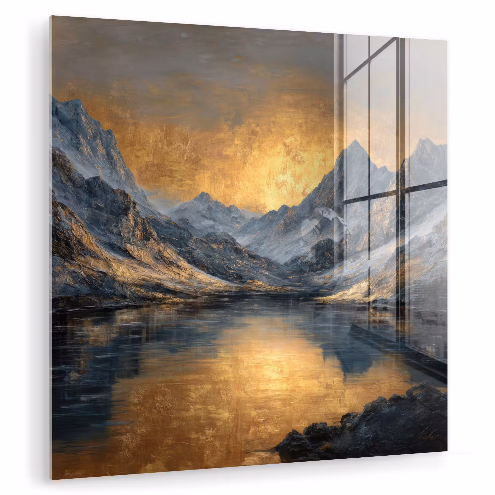 Glas schilderij - Berglandschap met Gouden Zonsondergang