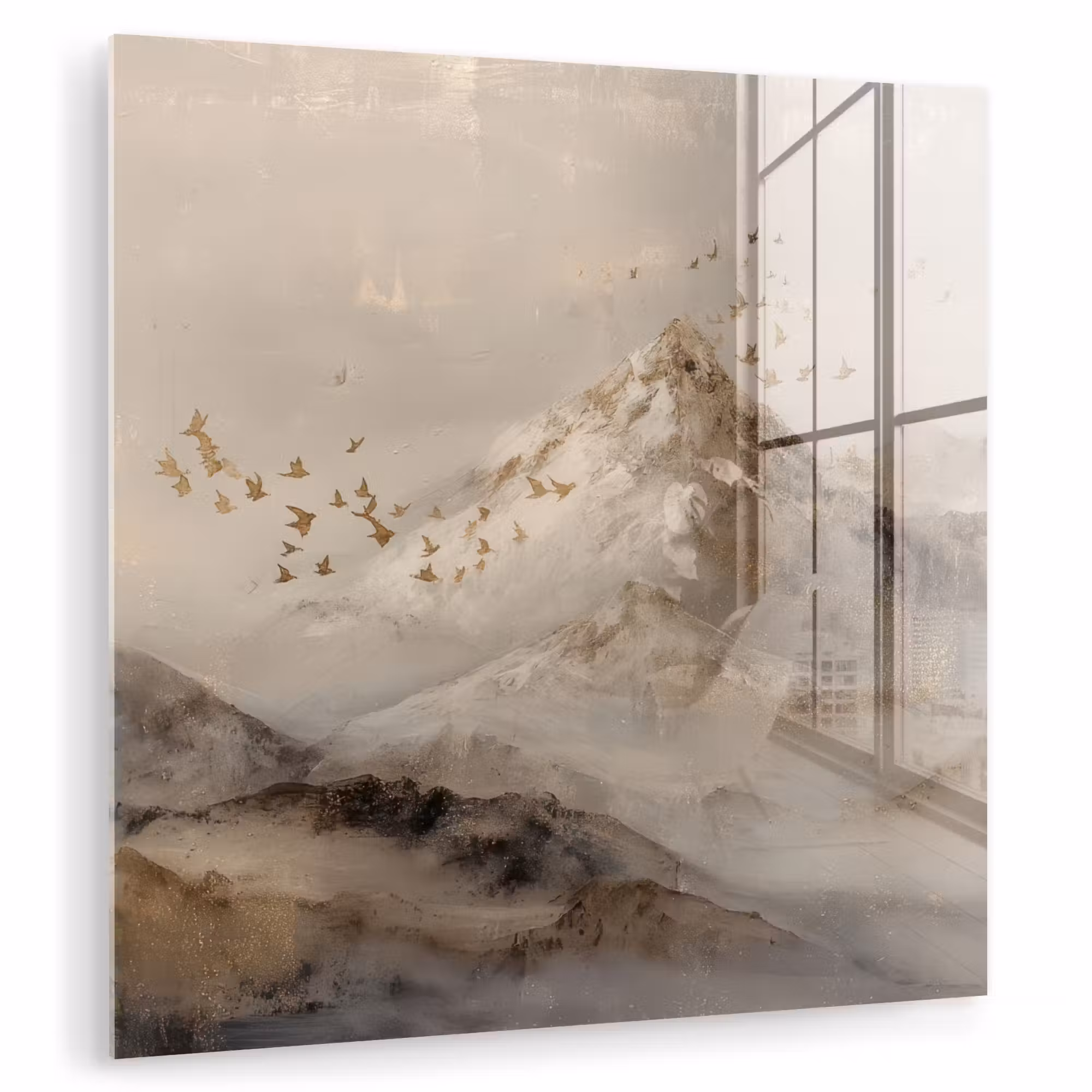 Glas schilderij - Berglandschap - Mist  - Penseelstreken