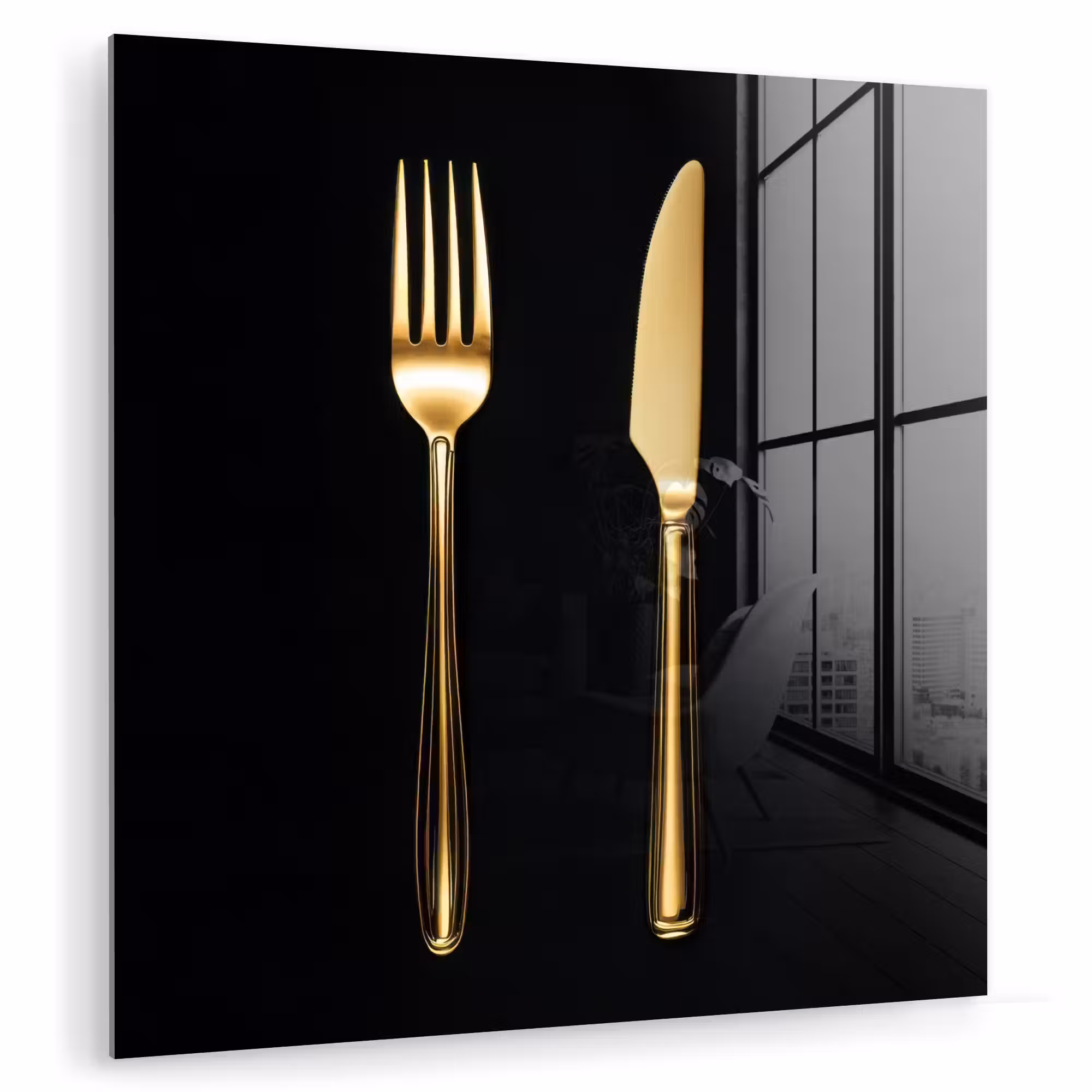 Glas schilderij - Bestek - Goud - Mes - Vork