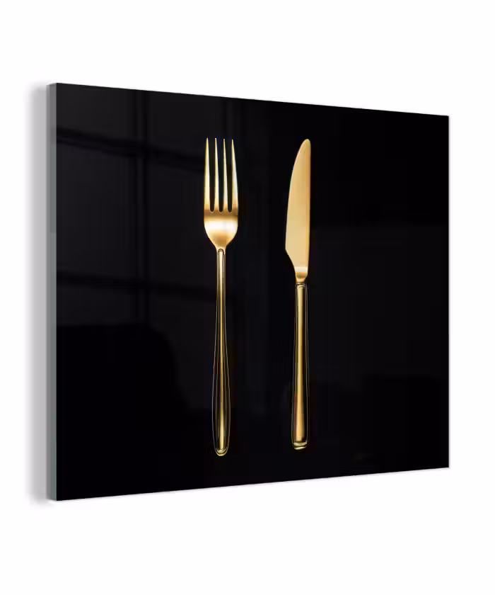 Glas schilderij - Bestek - Goud - Mes - Vork
