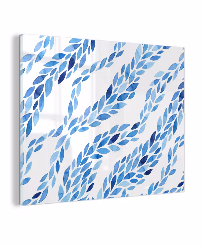 Glas schilderij - Bladeren - Aquarel - Patroon - Modern - Blauw