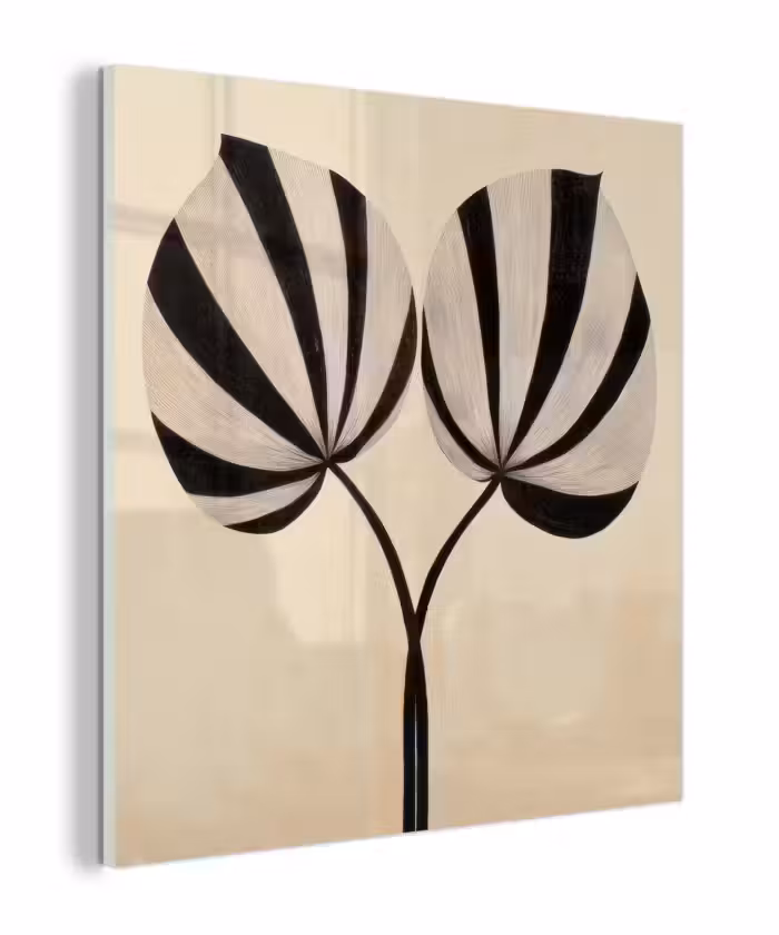 Glas schilderij - Bladeren - Gestreept - Stengel - Beige