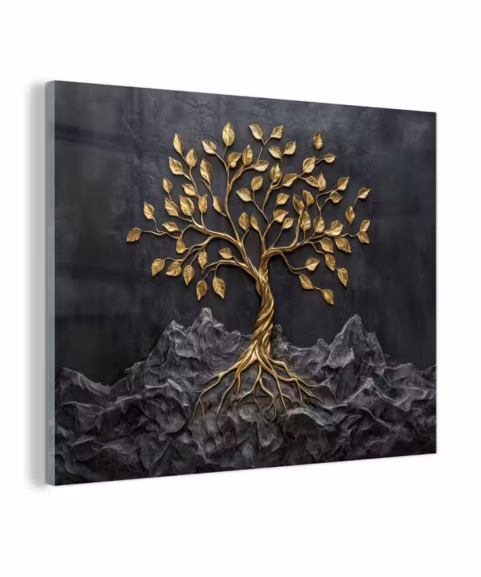 Glas schilderij - Bladeren - Goud - Boom - Rots