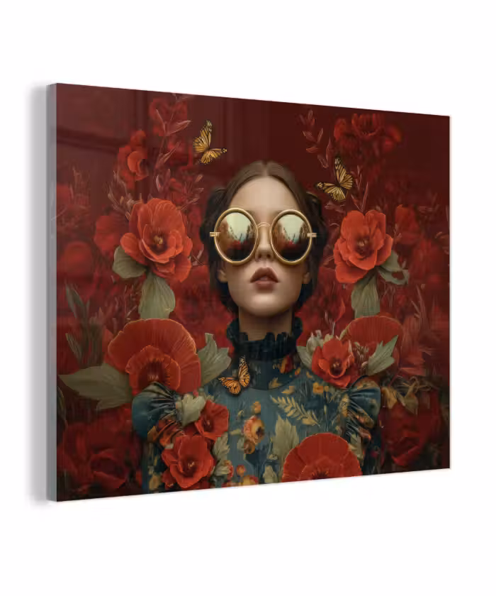 Glas schilderij - Bloemen - Dieprood - Zonnebril - Vrouw