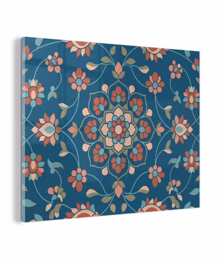 Glas schilderij - Bloemen - Patroon - Natuur - Ornament - Blauw